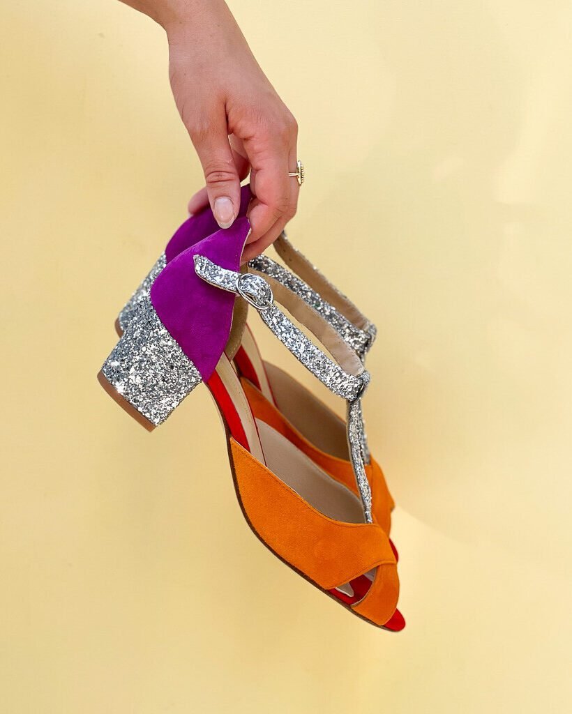 Salomé brides croisées en cuir velours orange fluo, fuchsia, rouge et glitter argent