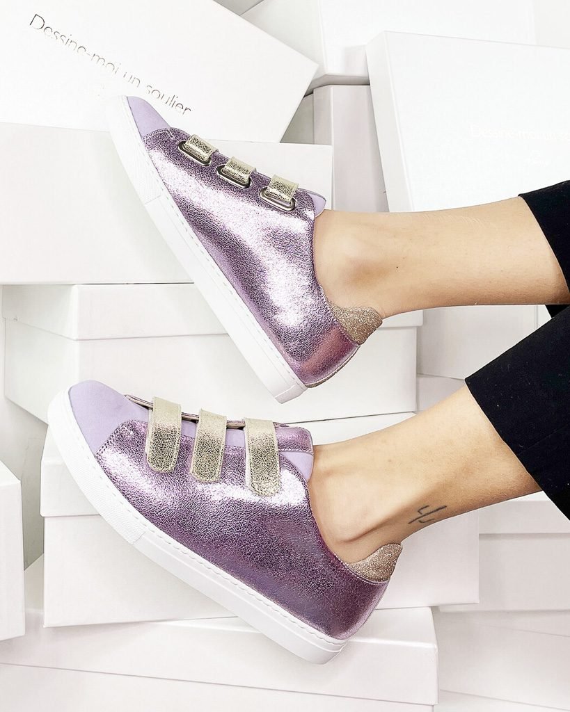 Basket en cuir velours mauve et irisé lilas