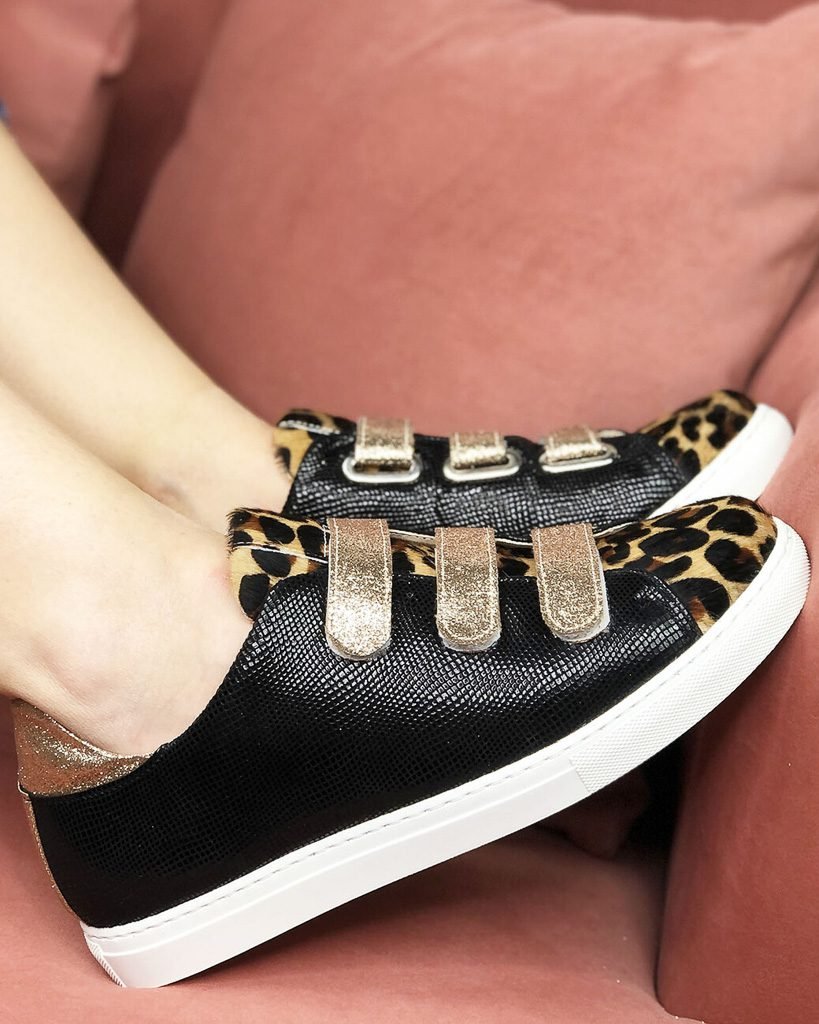 Basket vipérine noire, léopard et champagne
