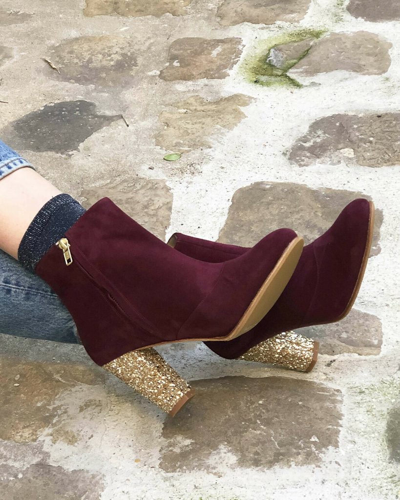 Bottines à talons en velours lie de vin et glitter champagne
