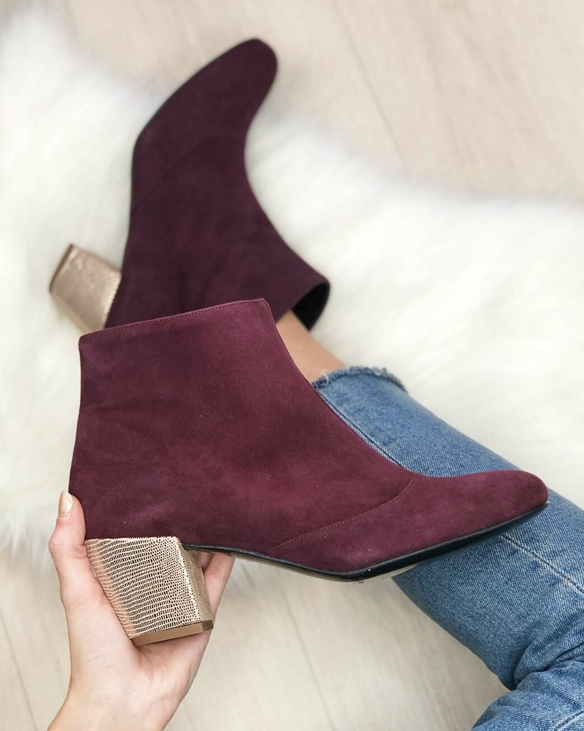 Bottine velours lie de vin et vipérine bronze