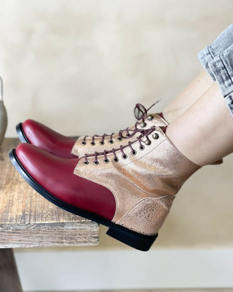 Billie ankle boot in smooth burgundy leather, iridescent rose gold and old rose caviar