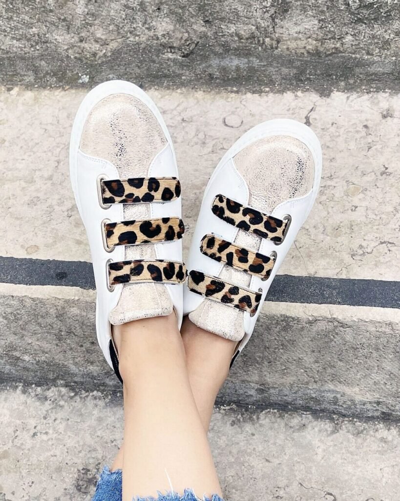 Champagne iridescent and leopard fur sneaker