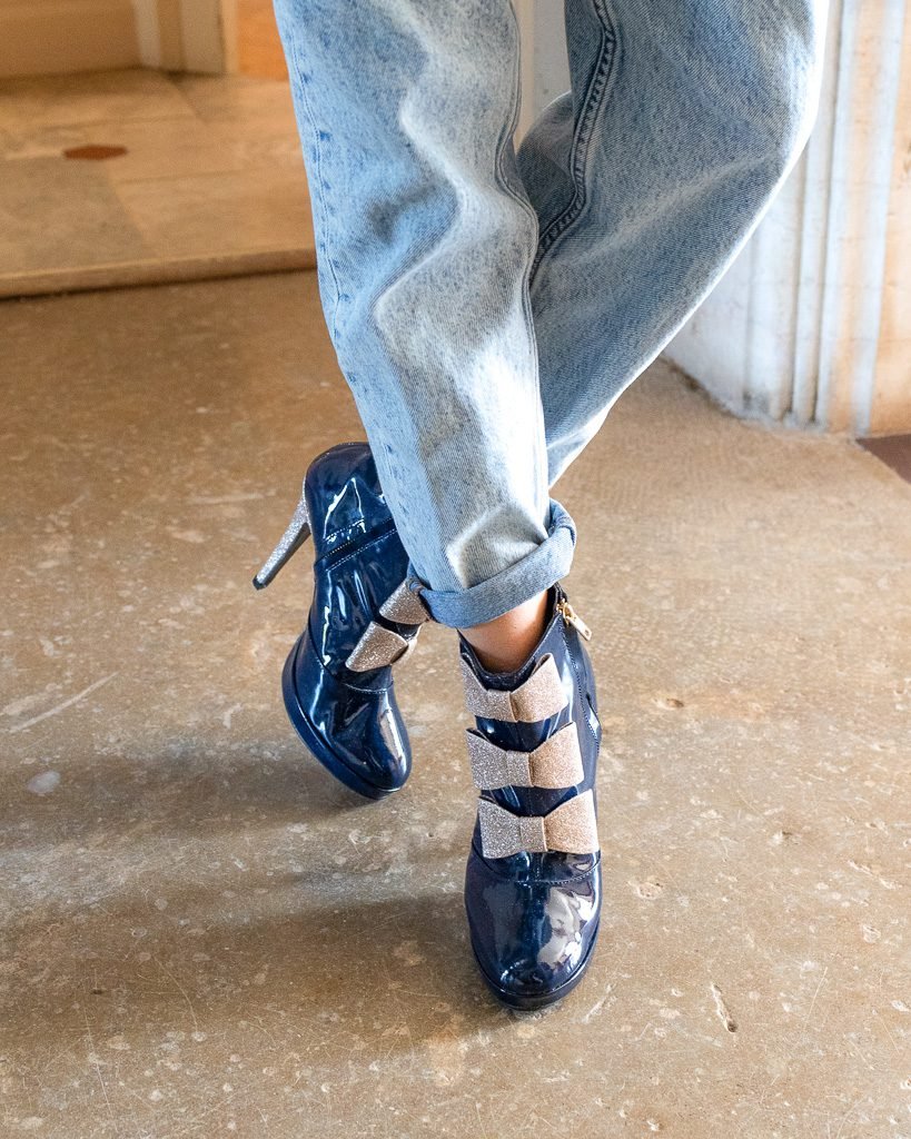 Platform bootie in blue patent