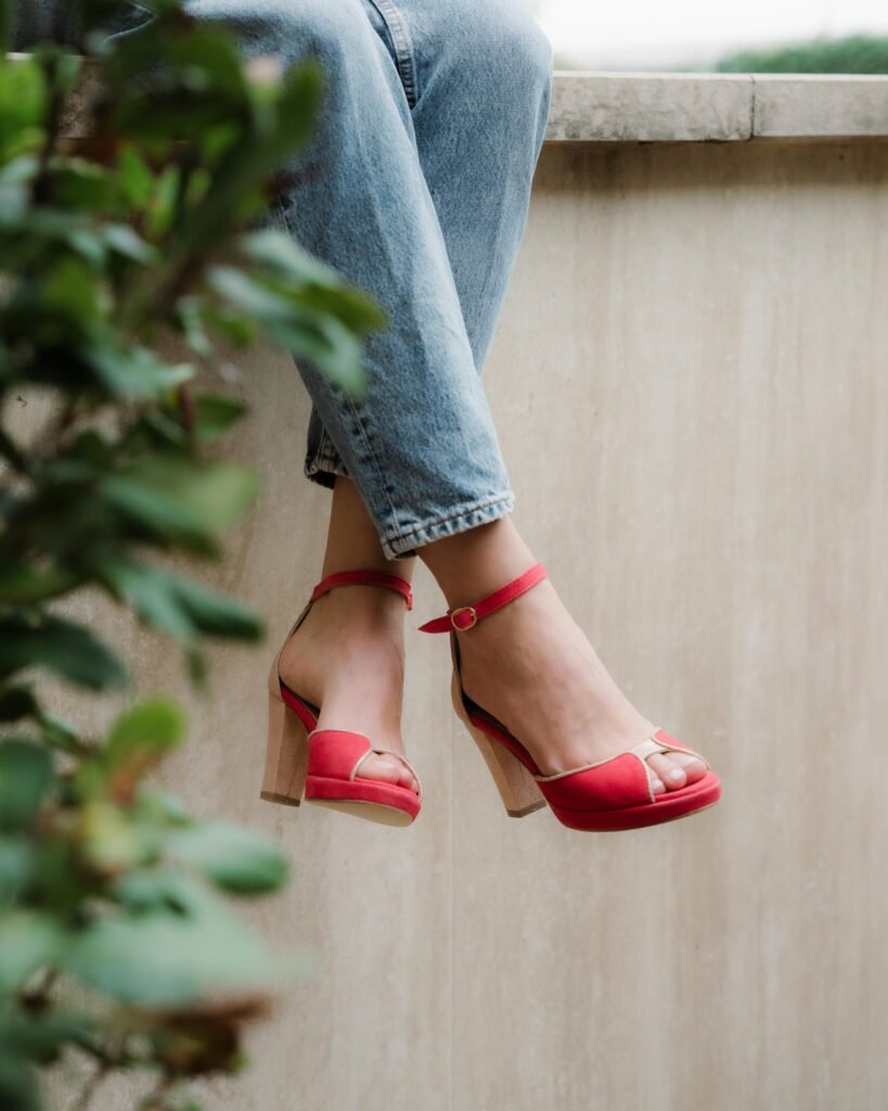 Charlotte platform in watermelon velvet and iridescent rose gold