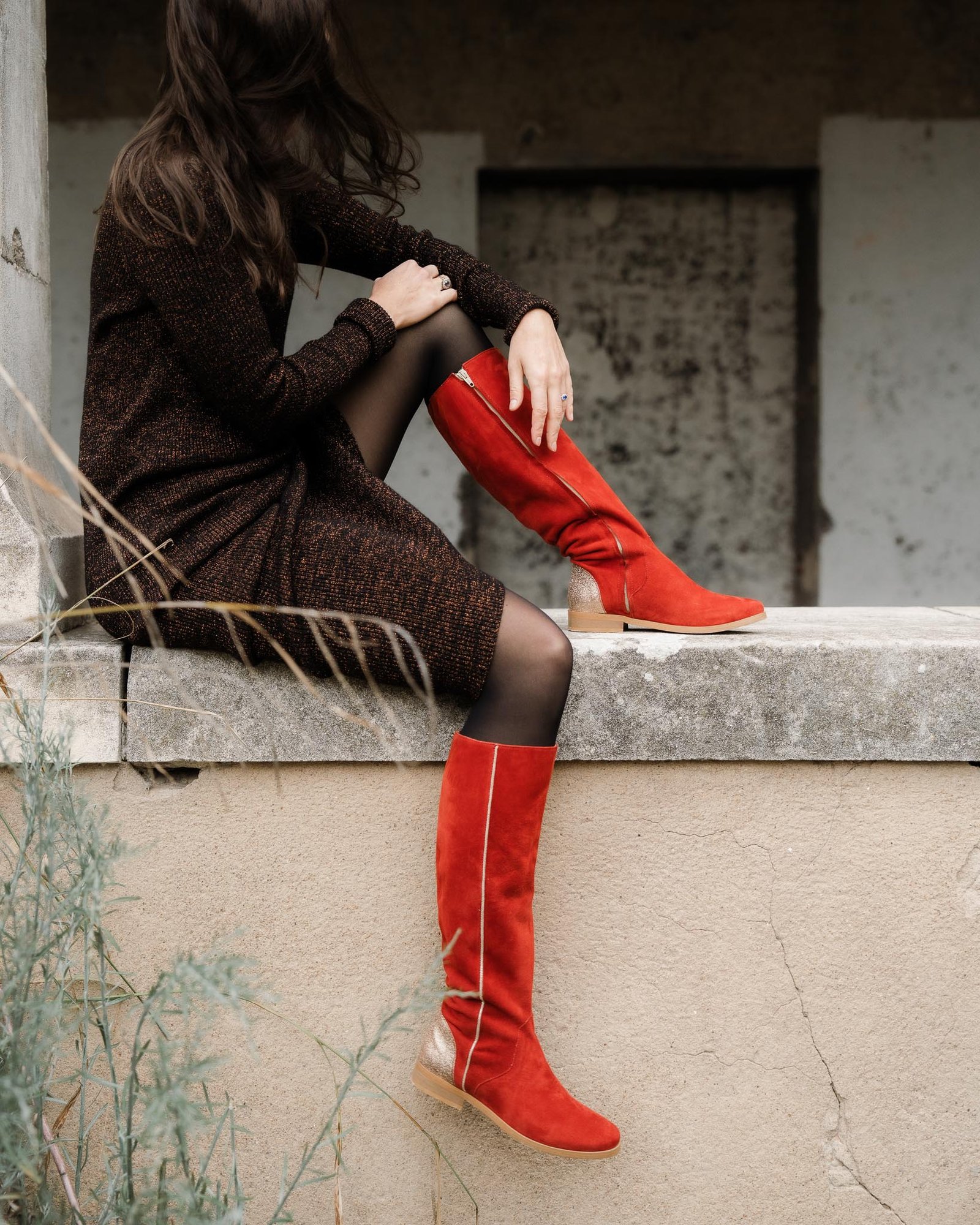 Bottes plates en velours terracotta