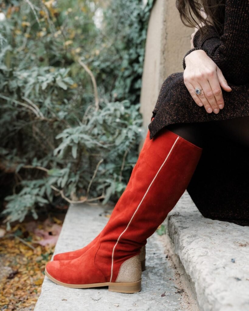 Terracotta velvet flat boots