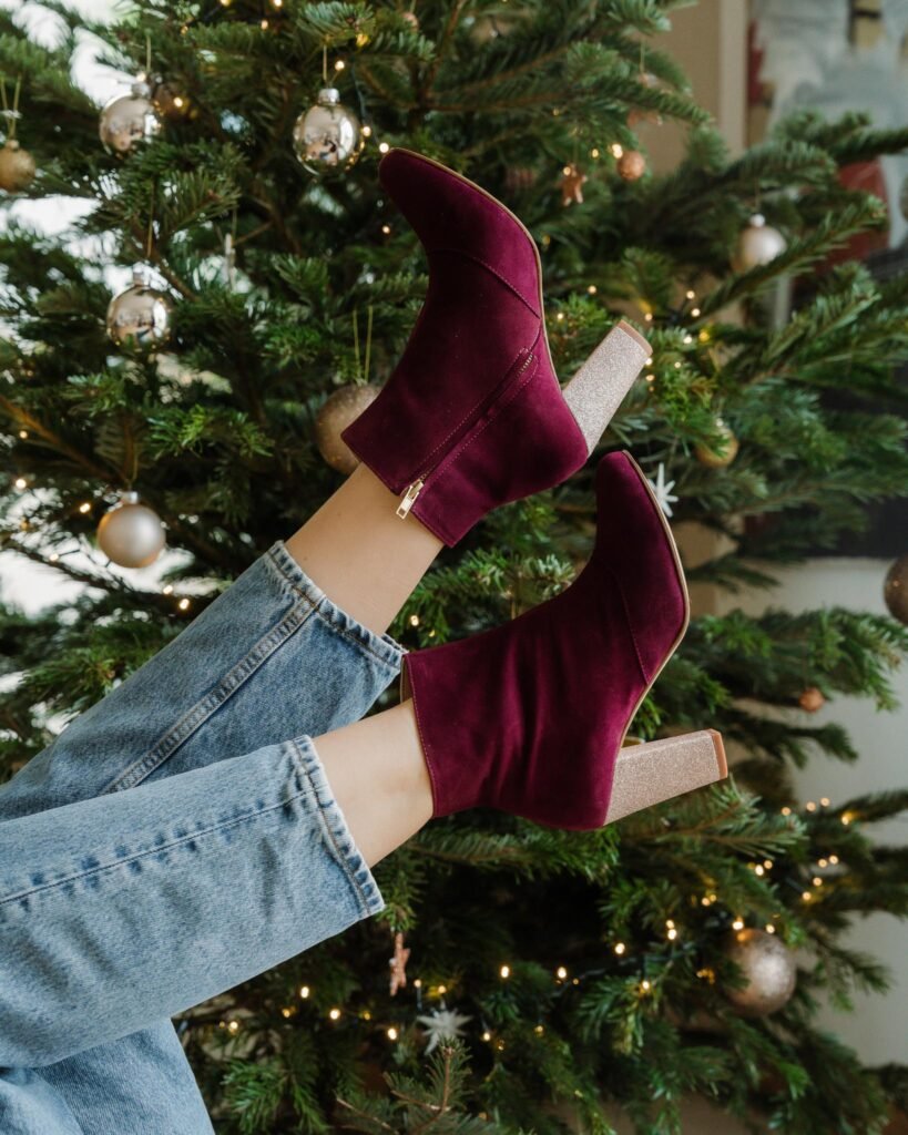 Iridescent garnet and champagne glitter ankle boot