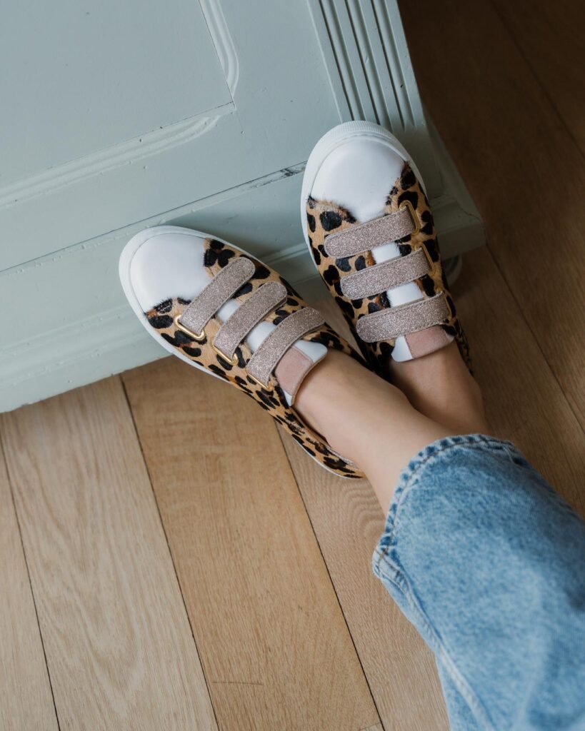 White, leopard and blond gold sneakers