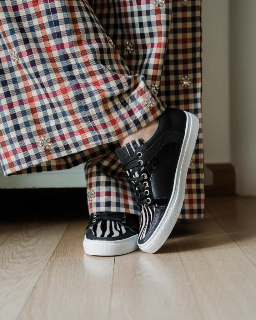 Smooth leather sneaker with sequins and zebra fur
