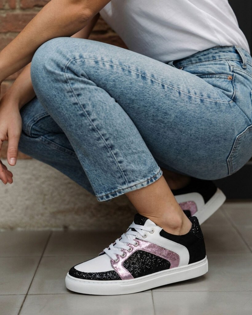Smooth white leather sneakers, black glitter, iridescent lilac