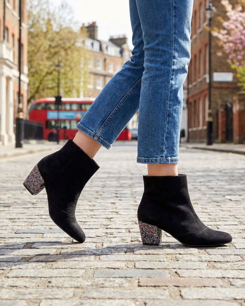 Black velvet boots, multicolored glitter