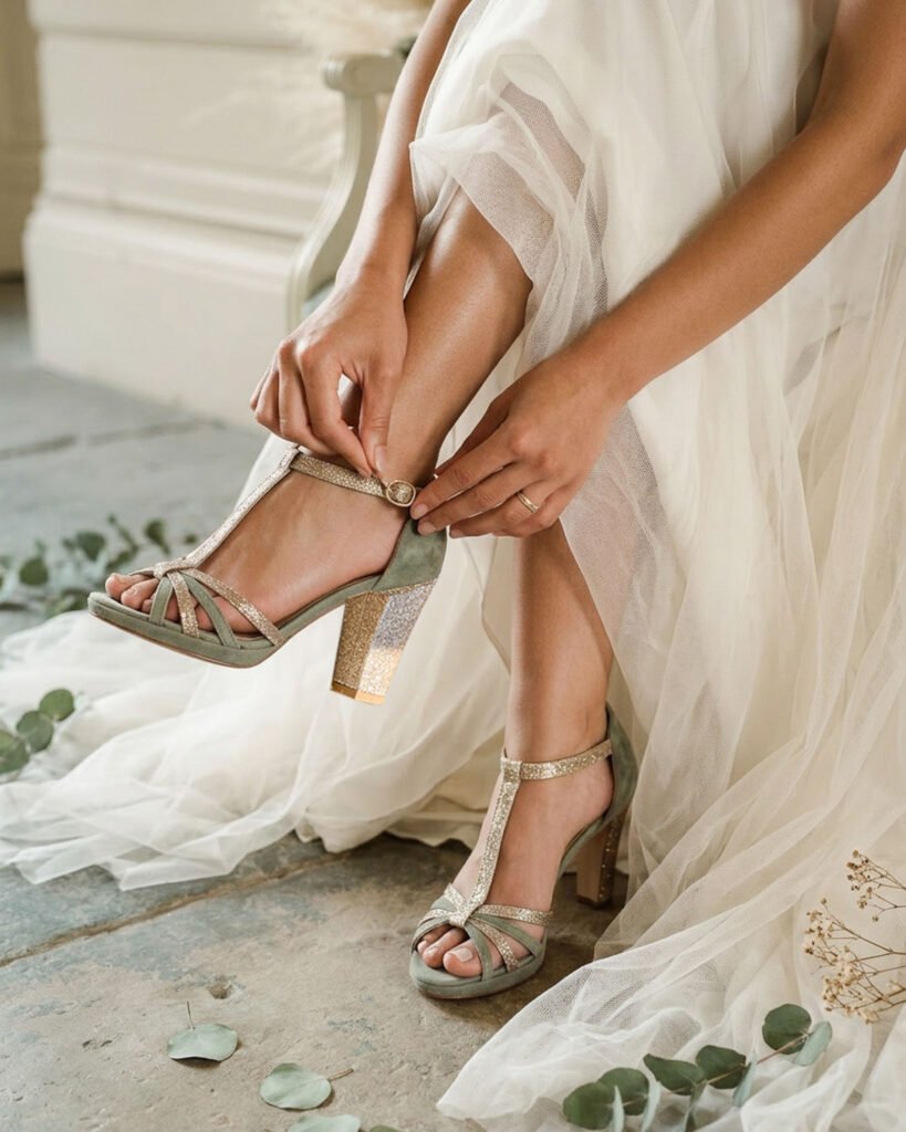 Chloé Platform in sage green velvet, blond gold sequins