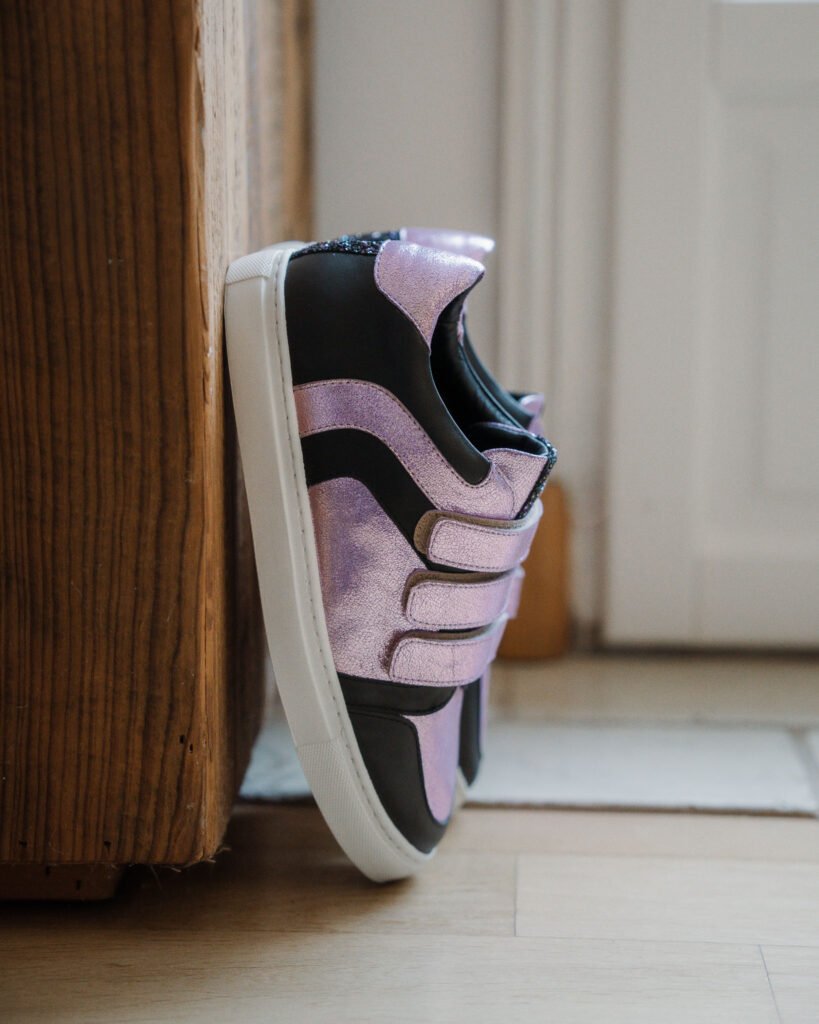 Smooth black leather sneakers, iridescent lilac, glitter starlight
