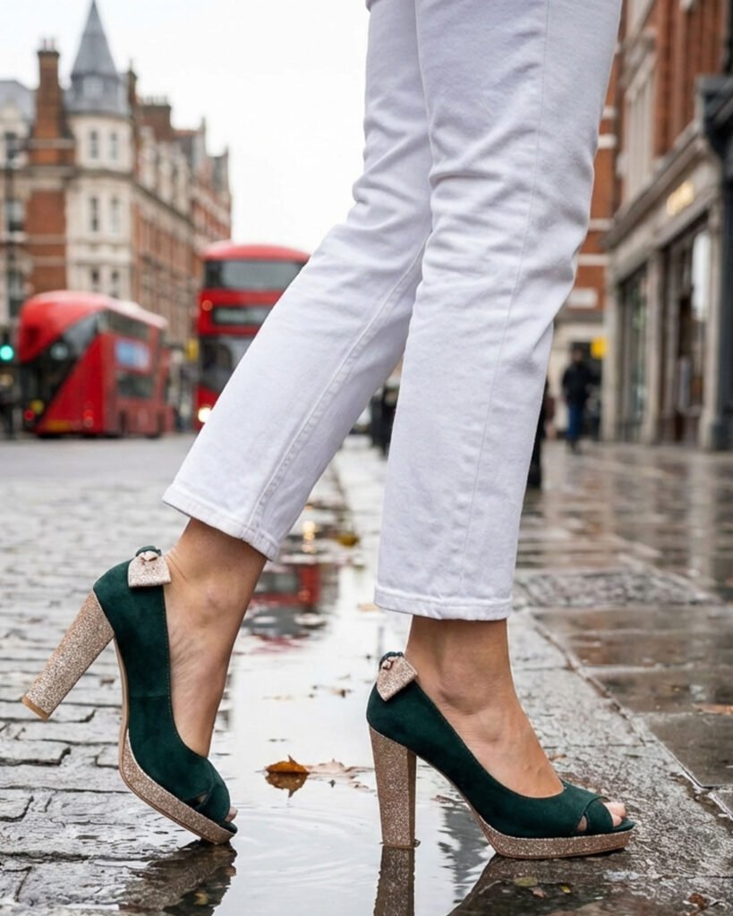 Fir green velvet pump, blond gold sequins