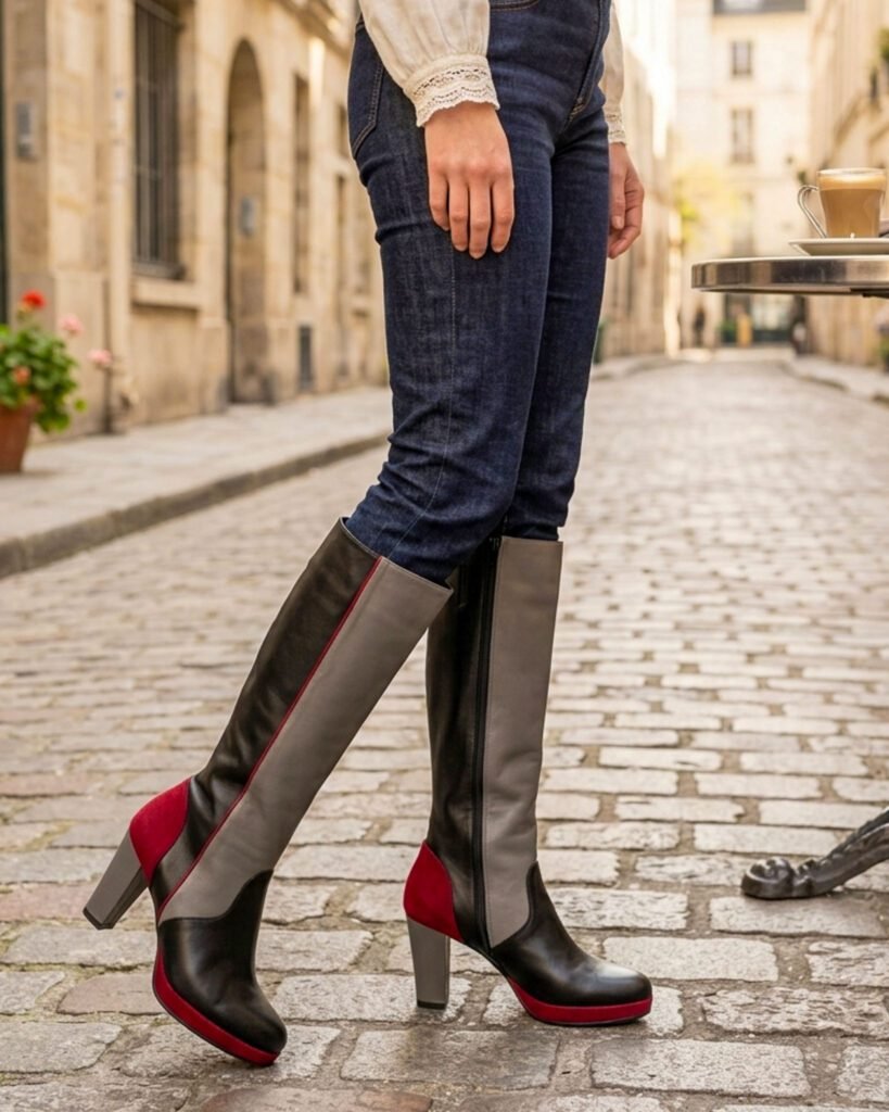 Black, grey and burgundy heeled boots