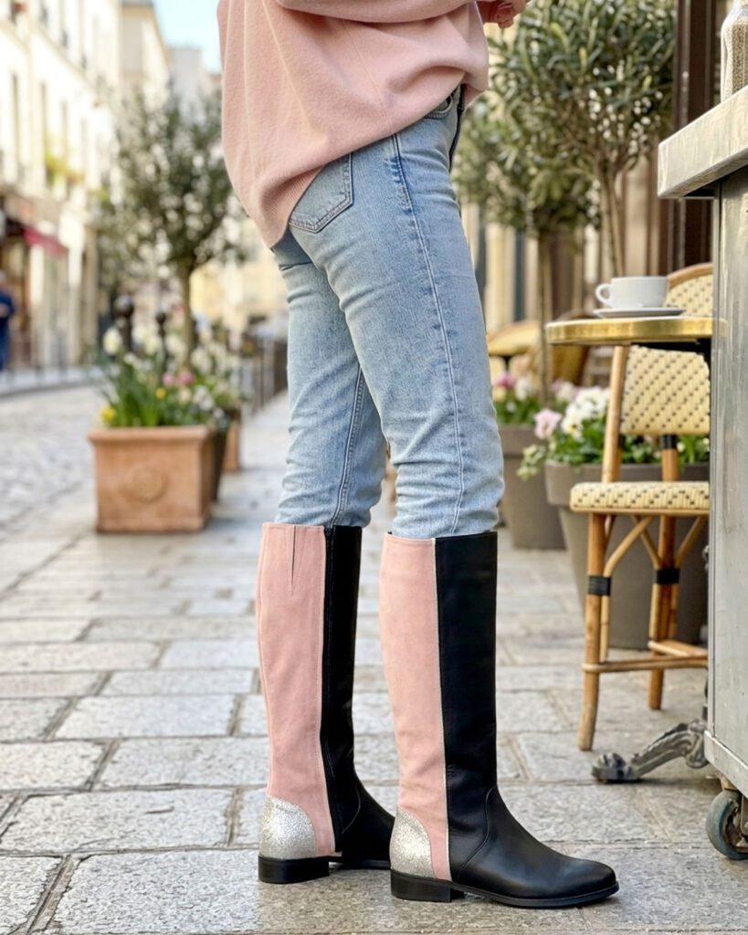 Pink and black riding boots
