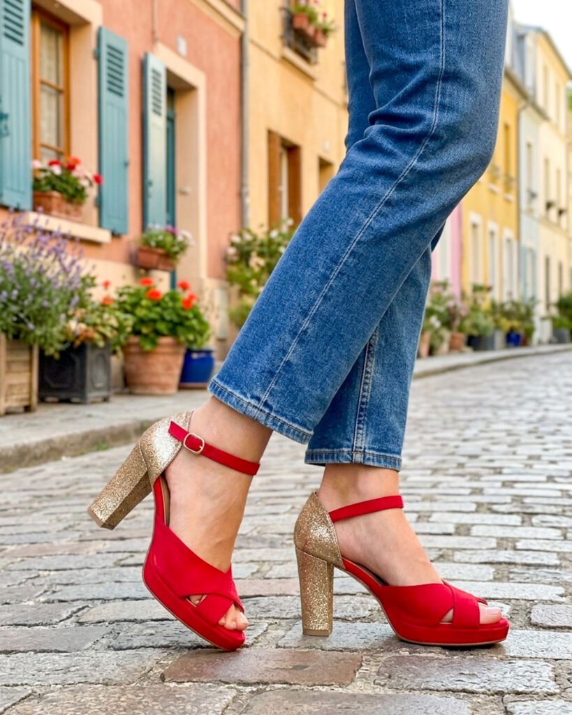 Open salomé in watermelon velvet and champagne sequins